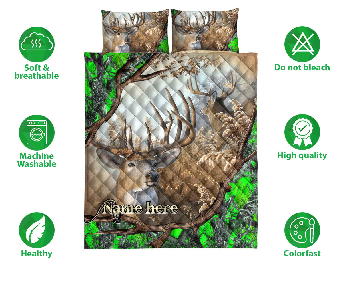 Ohaprints-Quilt-Bed-Set-Pillowcase-Hunting-Green-Camo-Camouflage-Deer-Horn-Pattern-Gift-Custom-Personalized-Name-Blanket-Bedspread-Bedding-1130-Double (70'' x 80'')