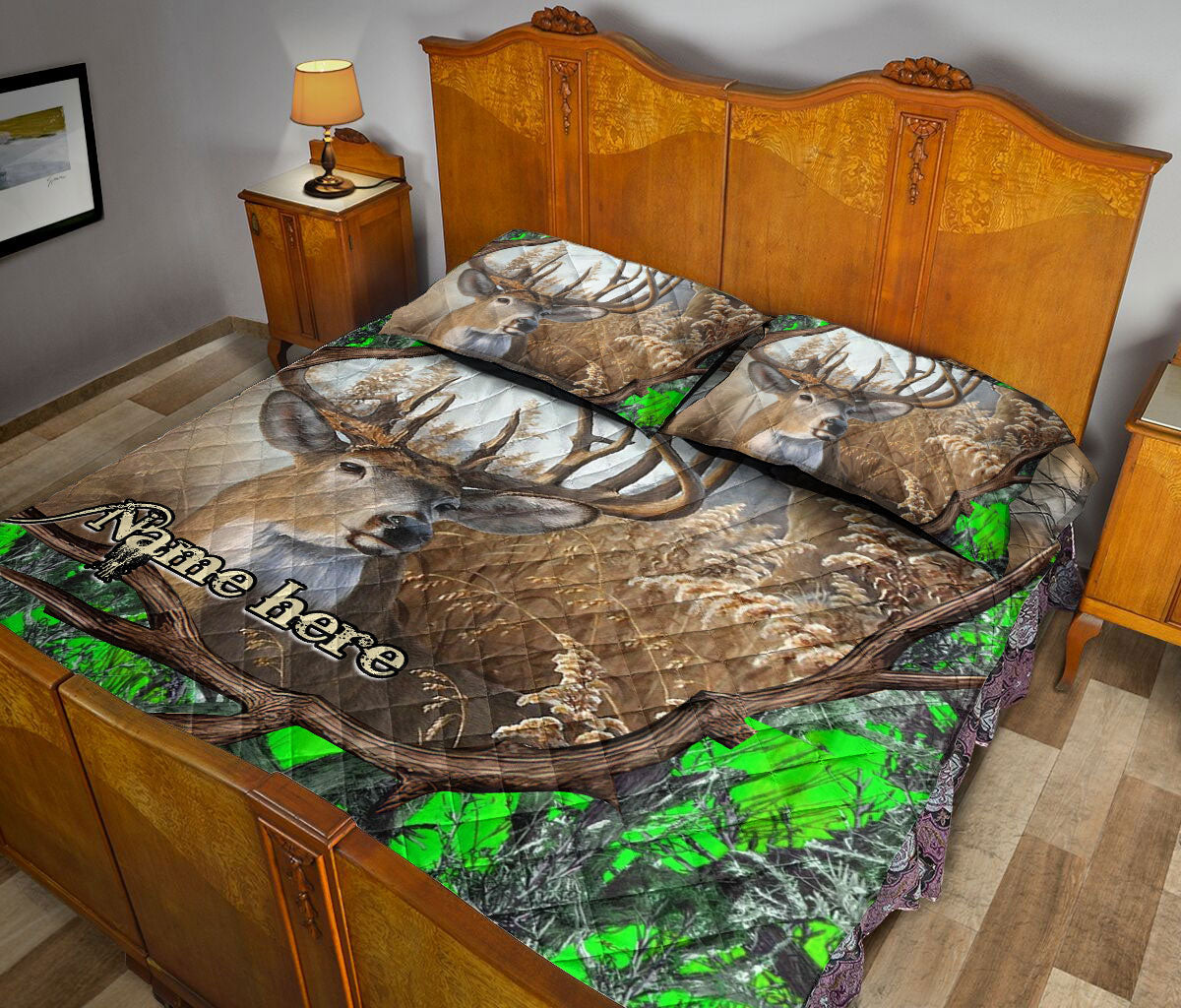 Ohaprints-Quilt-Bed-Set-Pillowcase-Hunting-Green-Camo-Camouflage-Deer-Horn-Pattern-Gift-Custom-Personalized-Name-Blanket-Bedspread-Bedding-1130-King (90'' x 100'')