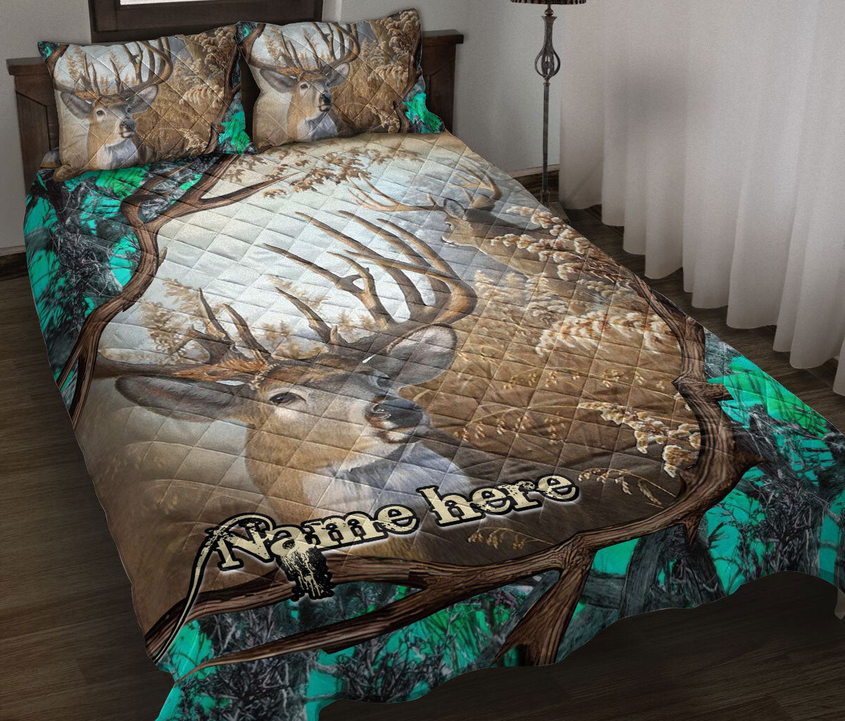 Ohaprints-Quilt-Bed-Set-Pillowcase-Hunting-Turquoise-Camo-Camouflage-Deer-Horn-Pattern-Custom-Personalized-Name-Blanket-Bedspread-Bedding-1716-Throw (55'' x 60'')