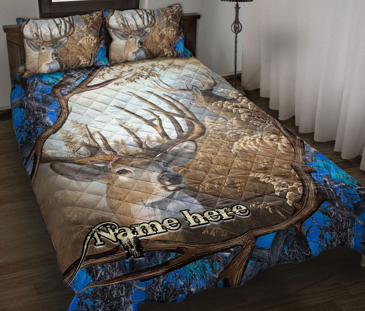 Ohaprints-Quilt-Bed-Set-Pillowcase-Hunting-Blue-Camo-Camouflage-Deer-Horn-Pattern-Gift-Custom-Personalized-Name-Blanket-Bedspread-Bedding-2304-Throw (55'' x 60'')