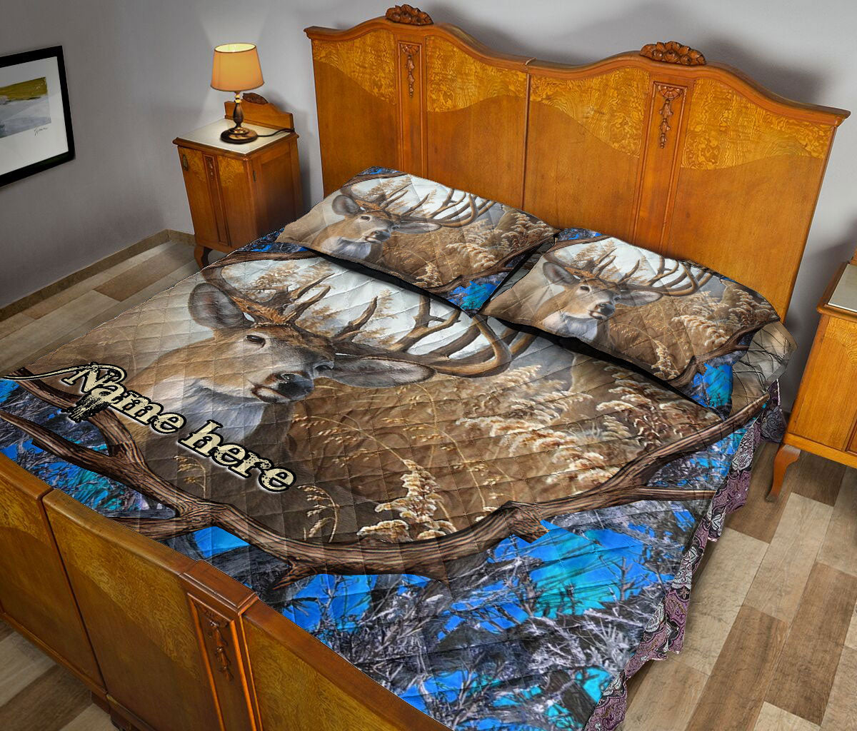 Ohaprints-Quilt-Bed-Set-Pillowcase-Hunting-Blue-Camo-Camouflage-Deer-Horn-Pattern-Gift-Custom-Personalized-Name-Blanket-Bedspread-Bedding-2304-King (90'' x 100'')