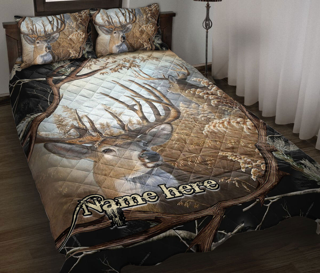 Ohaprints-Quilt-Bed-Set-Pillowcase-Hunting-Black-Camo-Camouflage-Deer-Horn-Pattern-Gift-Custom-Personalized-Name-Blanket-Bedspread-Bedding-1131-Throw (55'' x 60'')