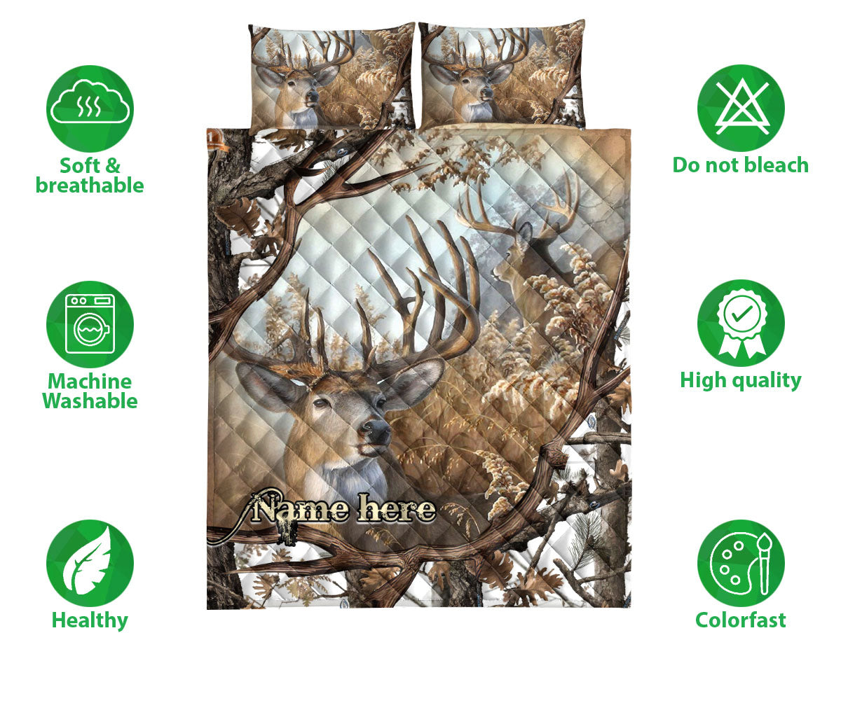 Ohaprints-Quilt-Bed-Set-Pillowcase-Hunting-White-Camo-Camouflage-Deer-Horn-Pattern-Gift-Custom-Personalized-Name-Blanket-Bedspread-Bedding-1717-Double (70'' x 80'')