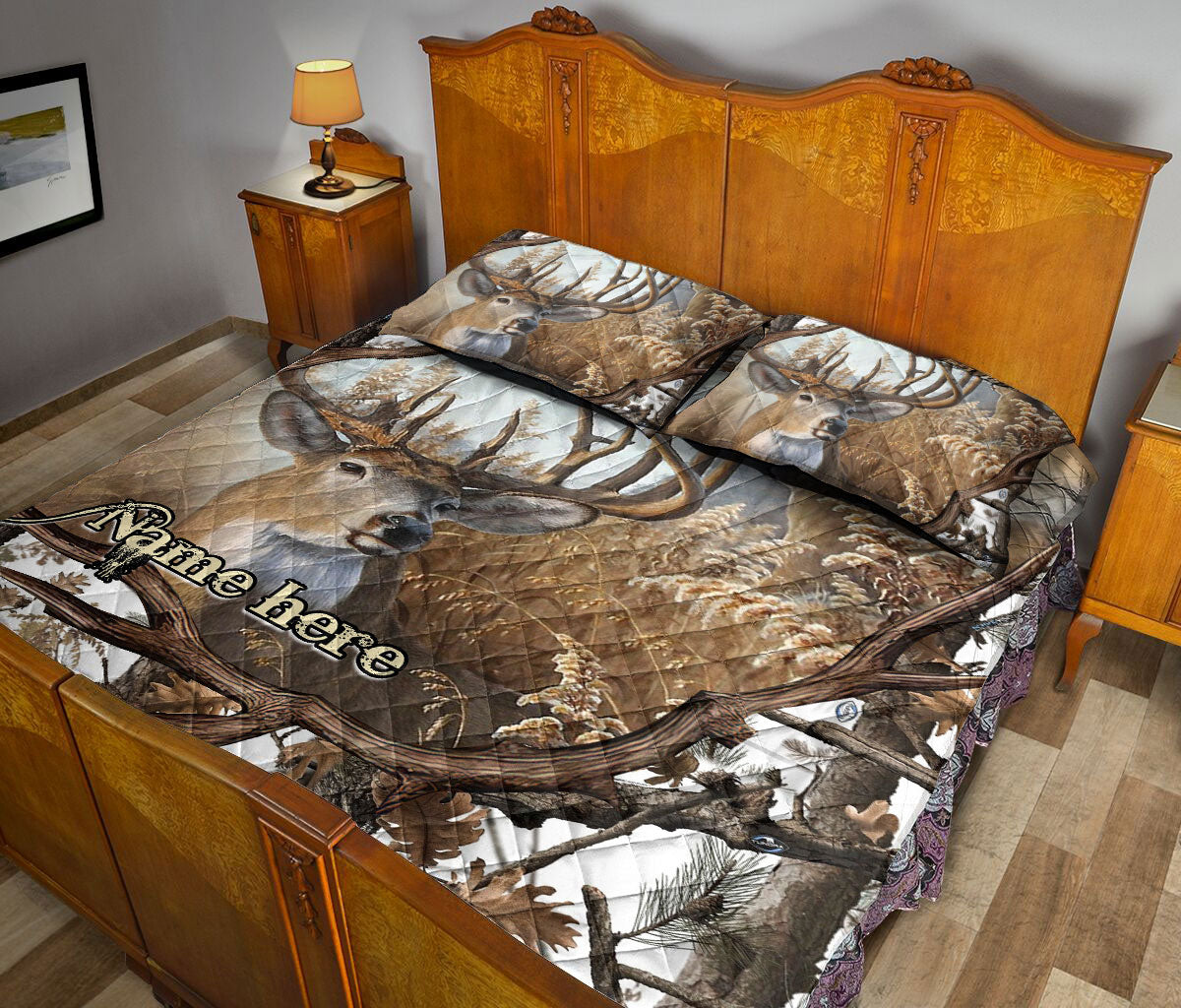 Ohaprints-Quilt-Bed-Set-Pillowcase-Hunting-White-Camo-Camouflage-Deer-Horn-Pattern-Gift-Custom-Personalized-Name-Blanket-Bedspread-Bedding-1717-King (90'' x 100'')