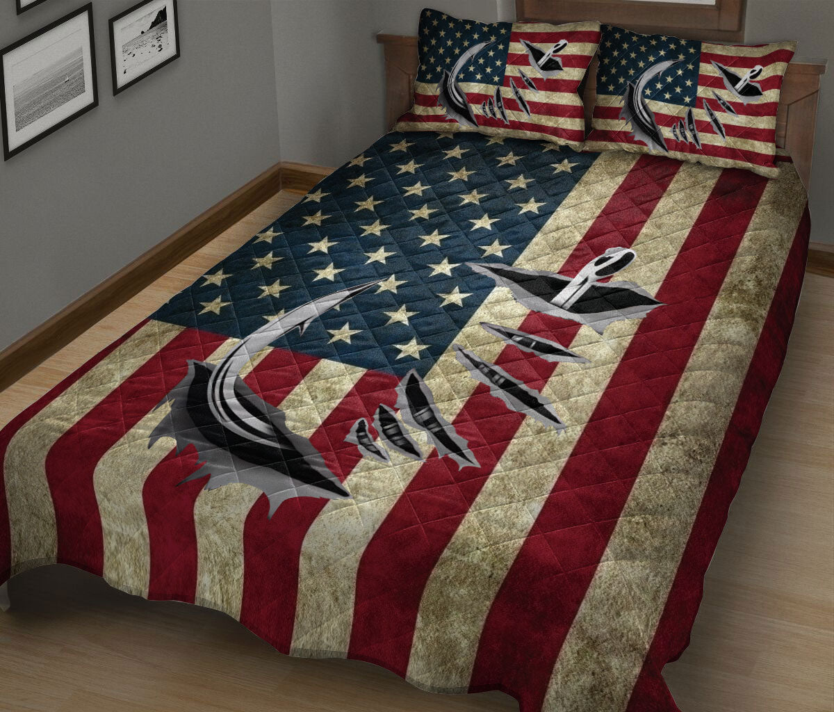 Ohaprints Quilt Bed Set Pillowcase Fishing Hook American Flag