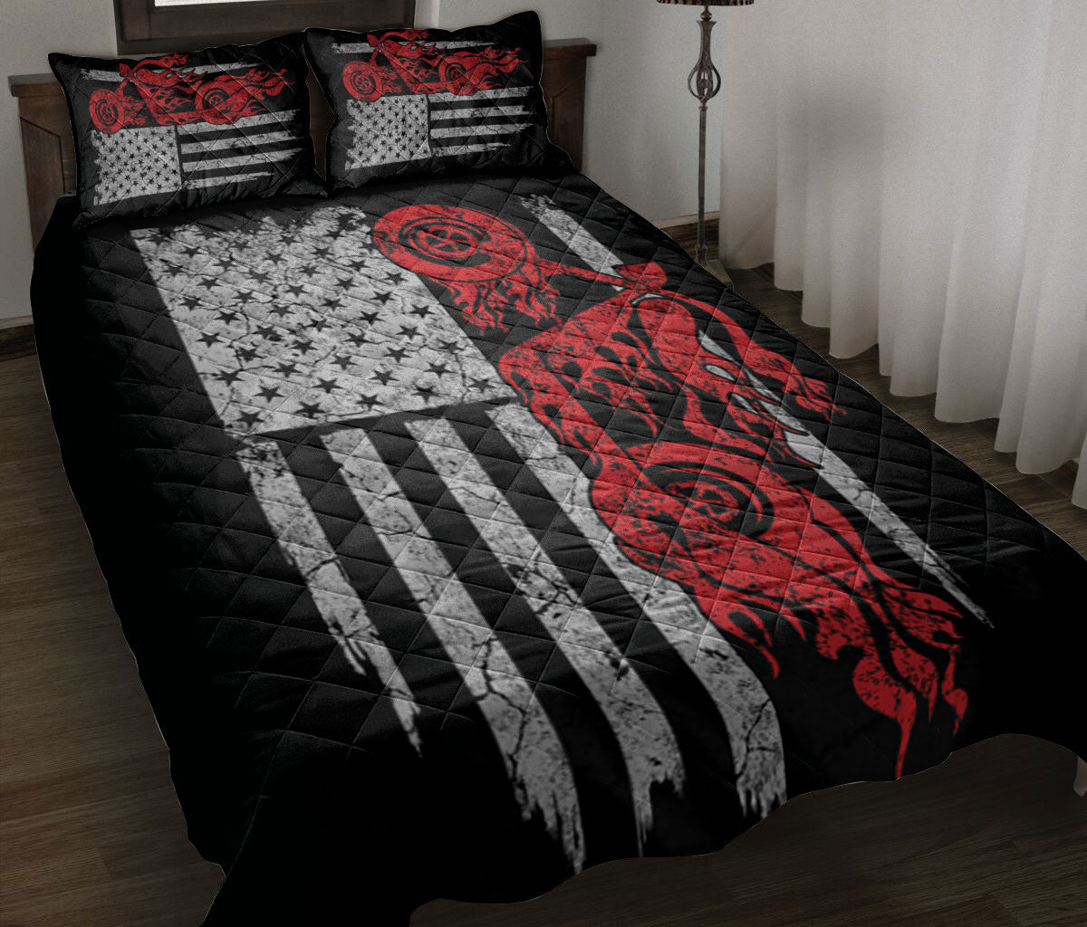 Ohaprints-Quilt-Bed-Set-Pillowcase-Motorcycle-Red-Flame-Biker-American-Us-Flag-Gift-For-Biker-Blanket-Bedspread-Bedding-233-Throw (55'' x 60'')