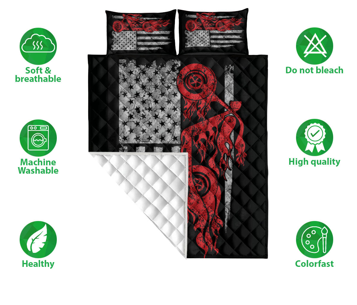 Ohaprints-Quilt-Bed-Set-Pillowcase-Motorcycle-Red-Flame-Biker-American-Us-Flag-Gift-For-Biker-Blanket-Bedspread-Bedding-233-Double (70'' x 80'')