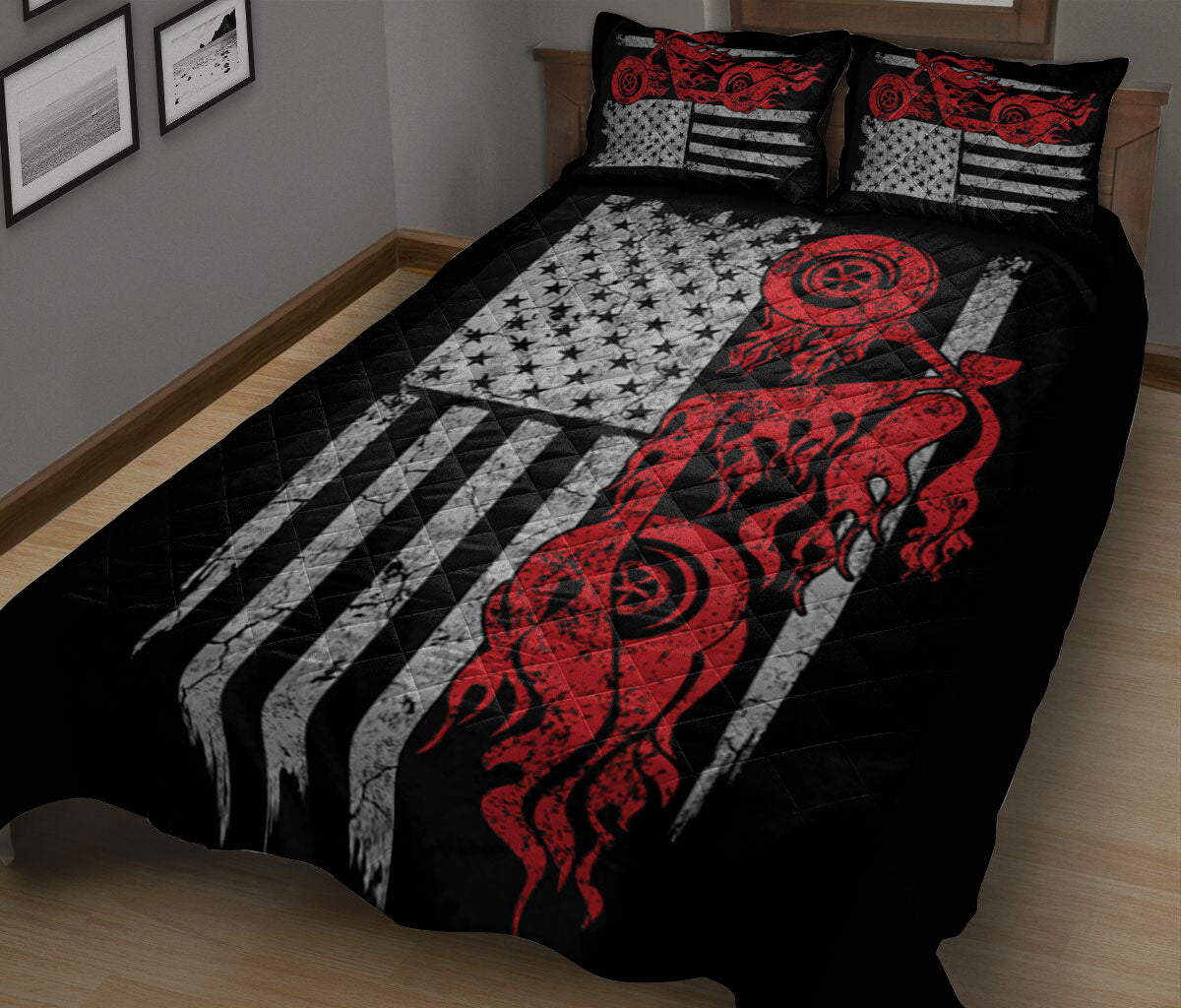 Ohaprints-Quilt-Bed-Set-Pillowcase-Motorcycle-Red-Flame-Biker-American-Us-Flag-Gift-For-Biker-Blanket-Bedspread-Bedding-233-King (90'' x 100'')