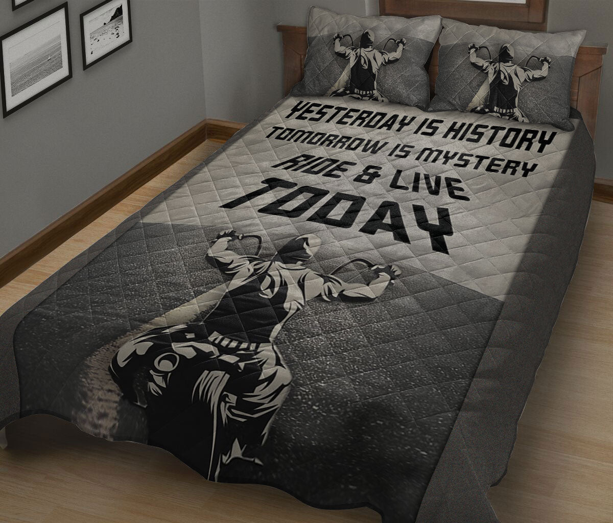 Ohaprints-Quilt-Bed-Set-Pillowcase-Biker-Yesterday-Is-History-Ride-&-Live-Today-Gift-For-Biker-Black-&-White-Blanket-Bedspread-Bedding-1404-King (90'' x 100'')