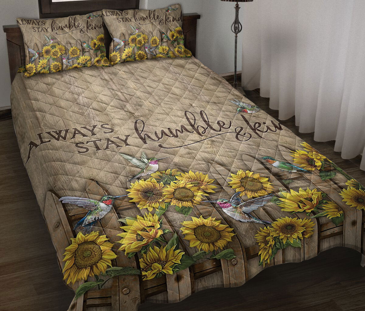 Ohaprints-Quilt-Bed-Set-Pillowcase-Sunflower-Garden-Hummingbird-Be-True-Be-Wild-Be-Happy-Humble-&-Kind-Floral-Blanket-Bedspread-Bedding-1993-Throw (55'' x 60'')