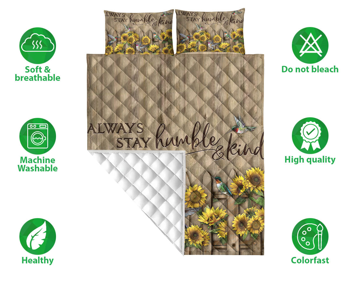 Ohaprints-Quilt-Bed-Set-Pillowcase-Sunflower-Garden-Hummingbird-Be-True-Be-Wild-Be-Happy-Humble-&-Kind-Floral-Blanket-Bedspread-Bedding-1993-Double (70'' x 80'')