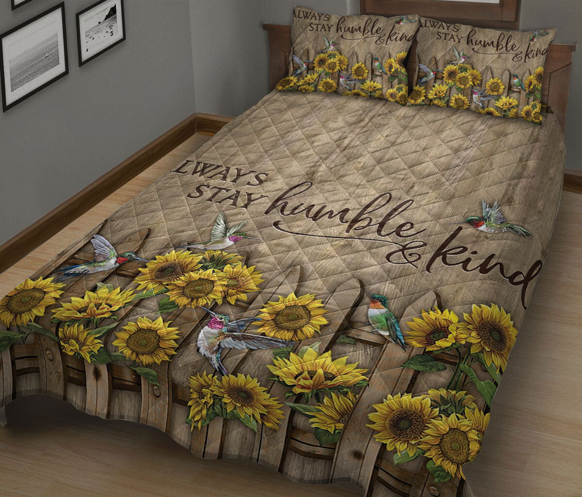 Ohaprints-Quilt-Bed-Set-Pillowcase-Sunflower-Garden-Hummingbird-Be-True-Be-Wild-Be-Happy-Humble-&-Kind-Floral-Blanket-Bedspread-Bedding-1993-King (90'' x 100'')