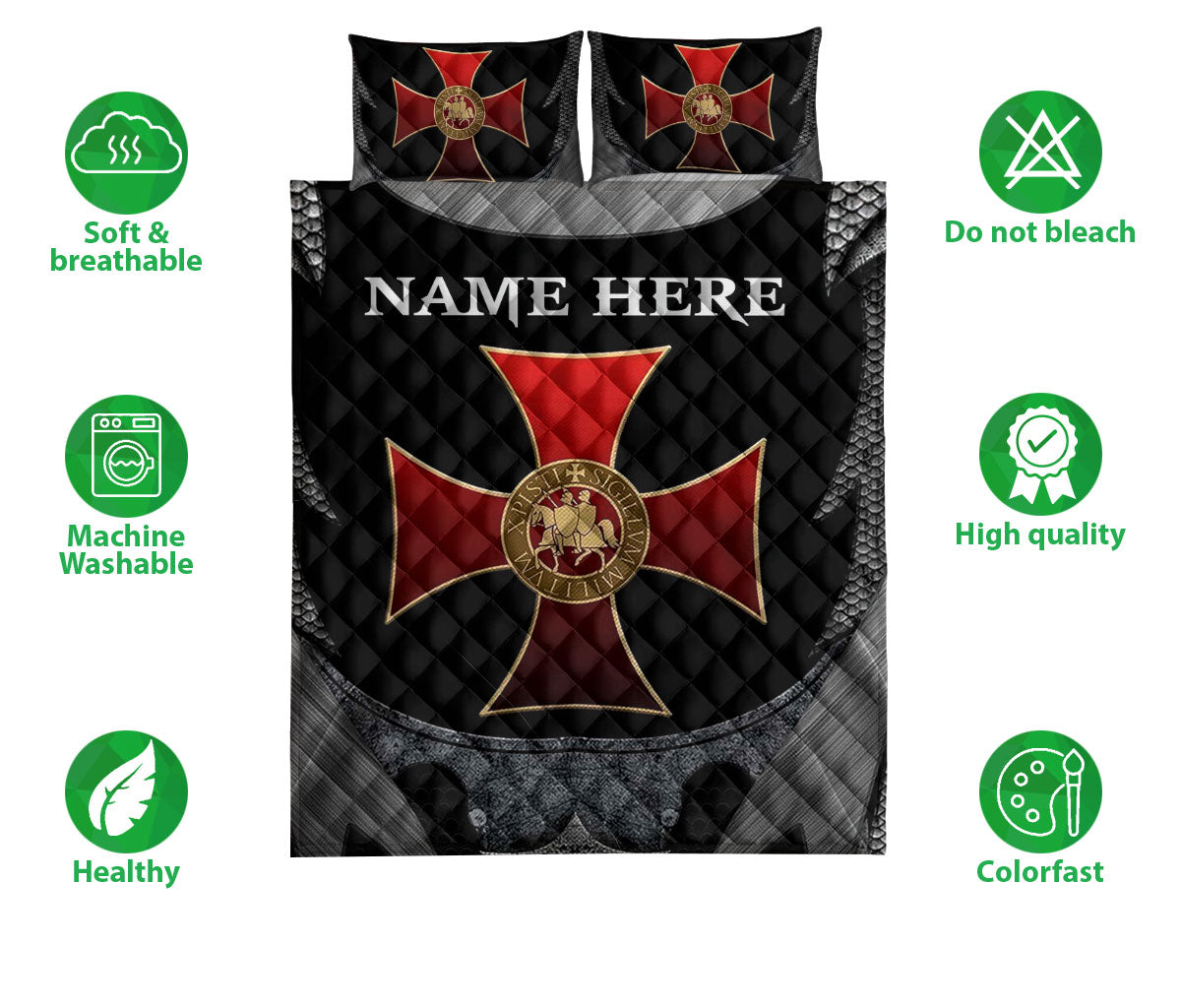 Ohaprints-Quilt-Bed-Set-Pillowcase-Knights-Templar-Armor-Shield-Sword-Pattern-Black-Custom-Personalized-Name-Blanket-Bedspread-Bedding-1147-Double (70'' x 80'')