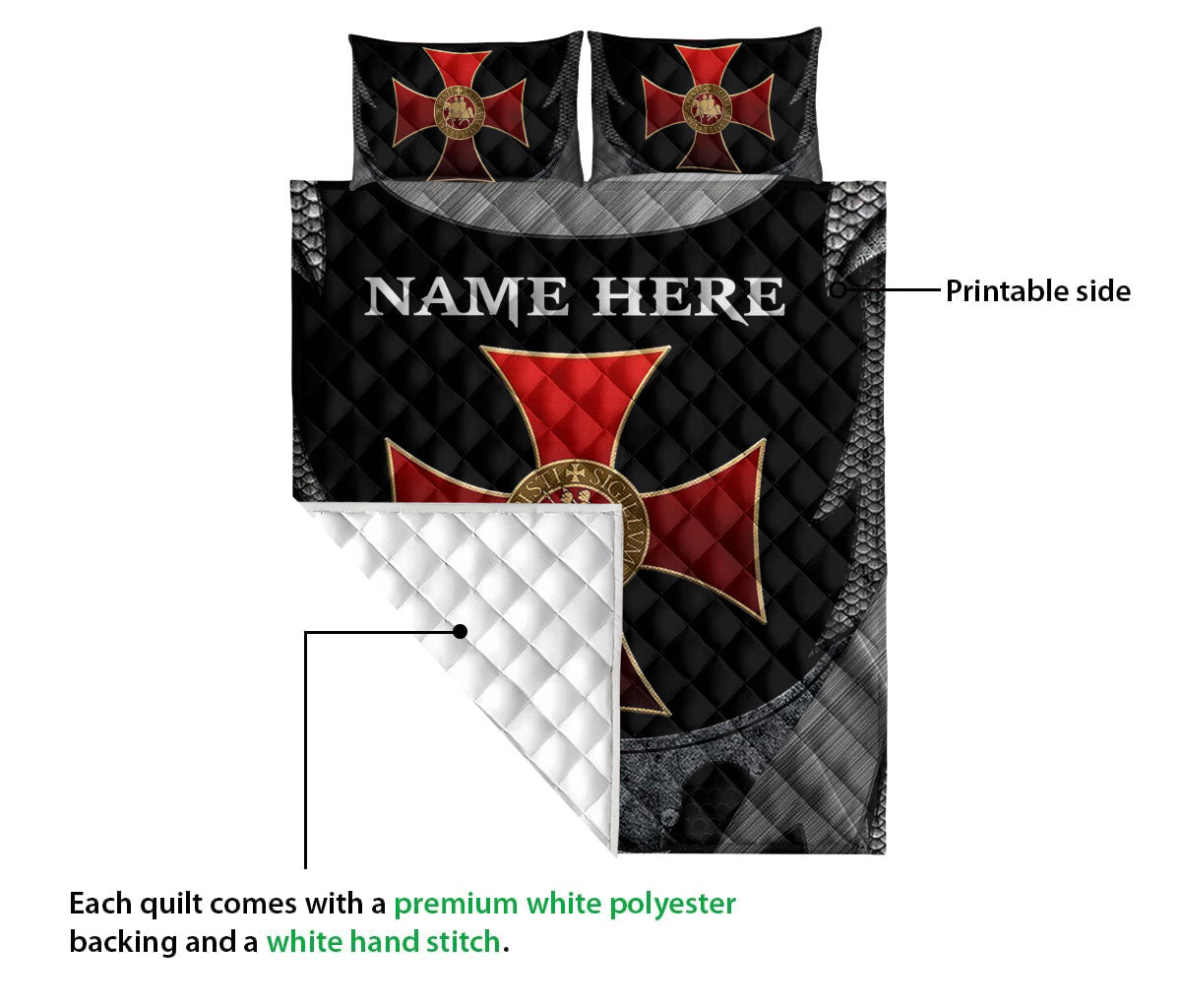 Ohaprints-Quilt-Bed-Set-Pillowcase-Knights-Templar-Armor-Shield-Sword-Pattern-Black-Custom-Personalized-Name-Blanket-Bedspread-Bedding-1147-Queen (80'' x 90'')