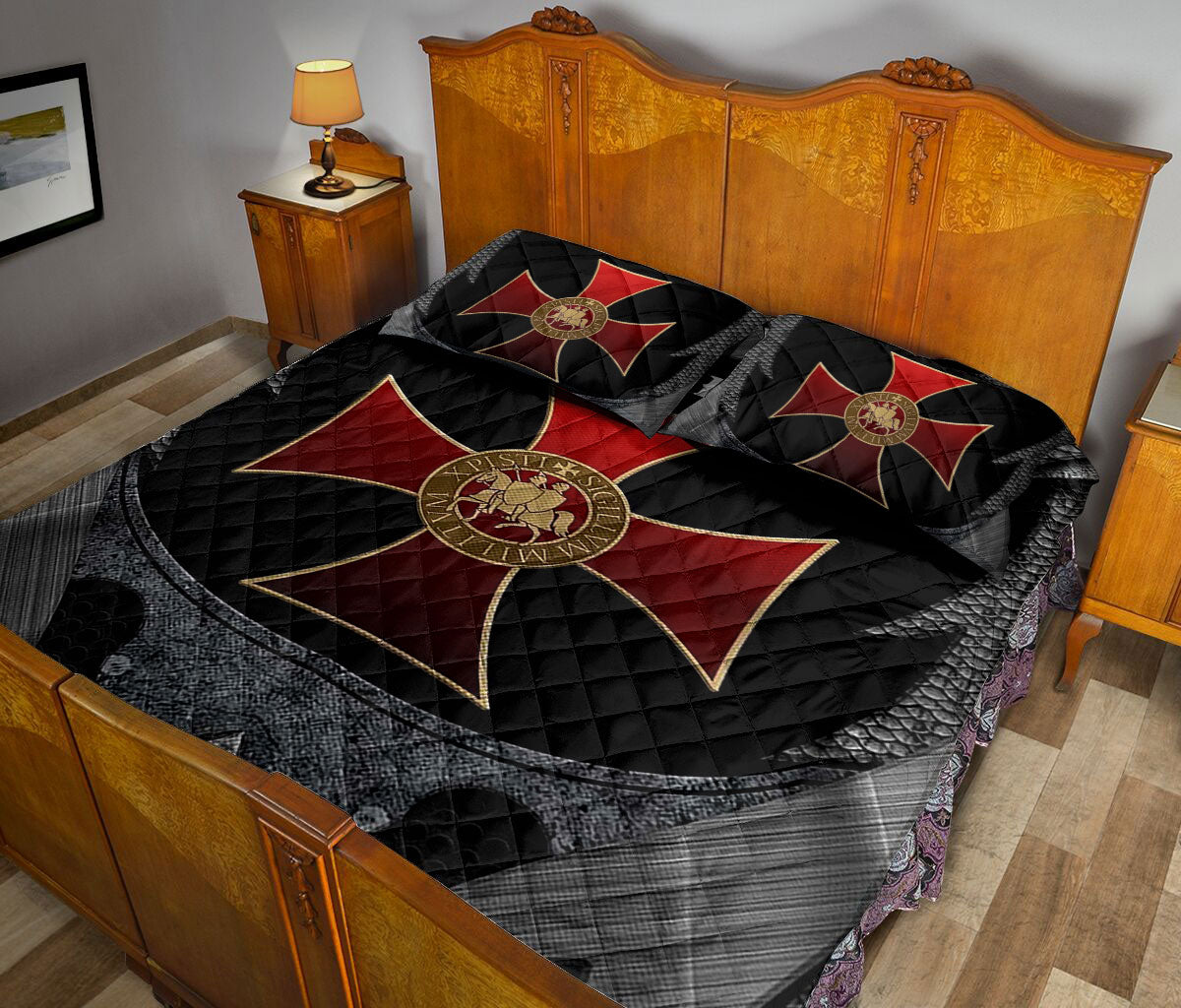 Ohaprints-Quilt-Bed-Set-Pillowcase-Knights-Templar-Armor-Shield-Sword-Pattern-Black-Custom-Personalized-Name-Blanket-Bedspread-Bedding-1147-King (90'' x 100'')