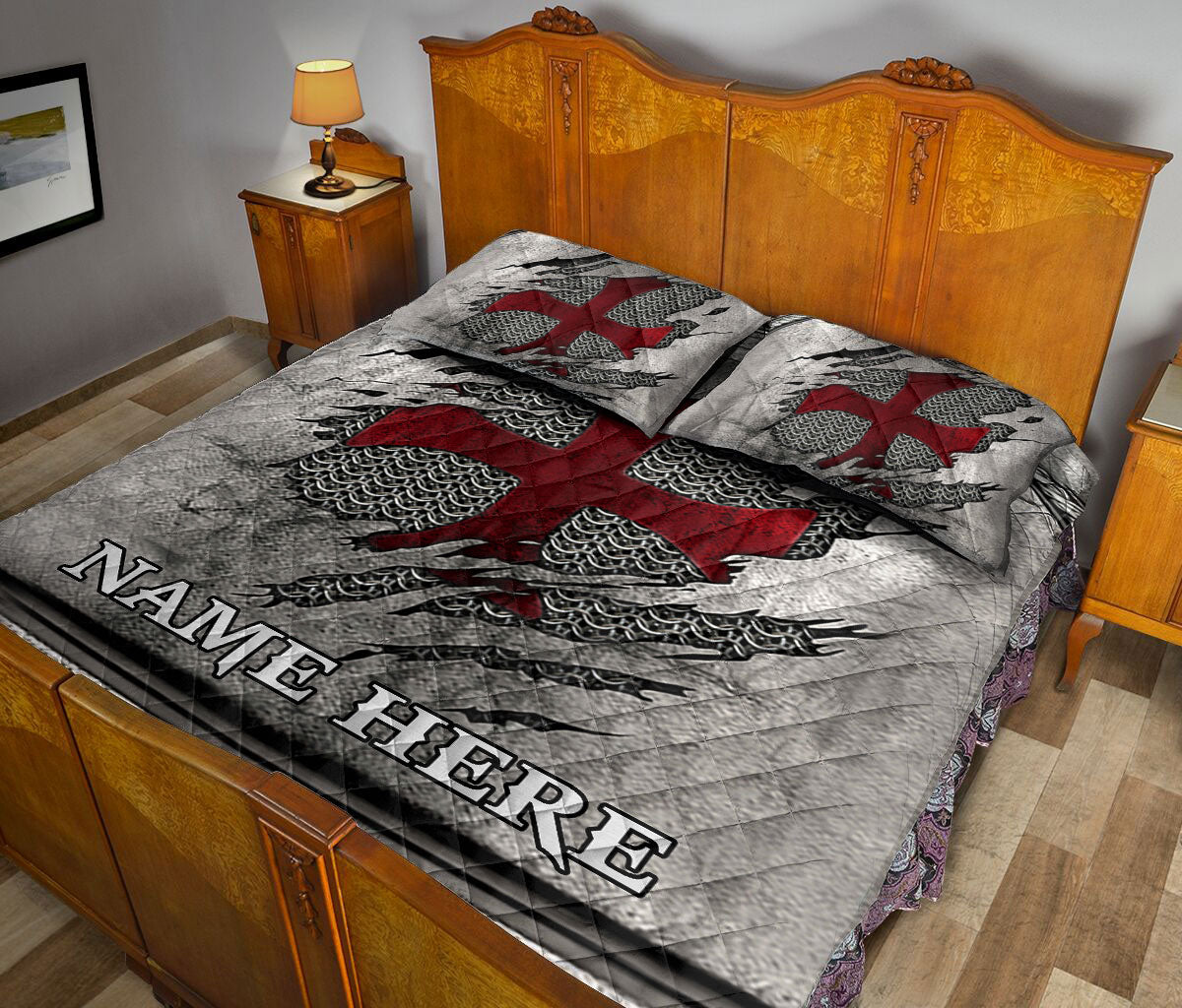 Ohaprints-Quilt-Bed-Set-Pillowcase-Knights-Templar-Armor-Shield-Crack-Pattern-Grey-Custom-Personalized-Name-Blanket-Bedspread-Bedding-1731-King (90'' x 100'')