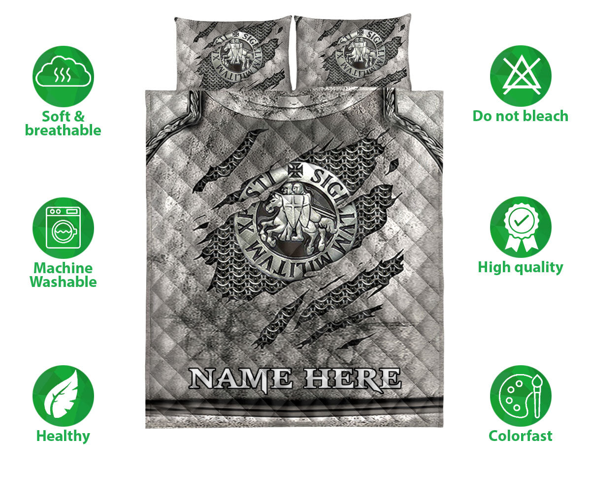 Ohaprints-Quilt-Bed-Set-Pillowcase-Knights-Templar-Armor-Shield-Grey-Crack-Pattern-Custom-Personalized-Name-Blanket-Bedspread-Bedding-2319-Double (70'' x 80'')