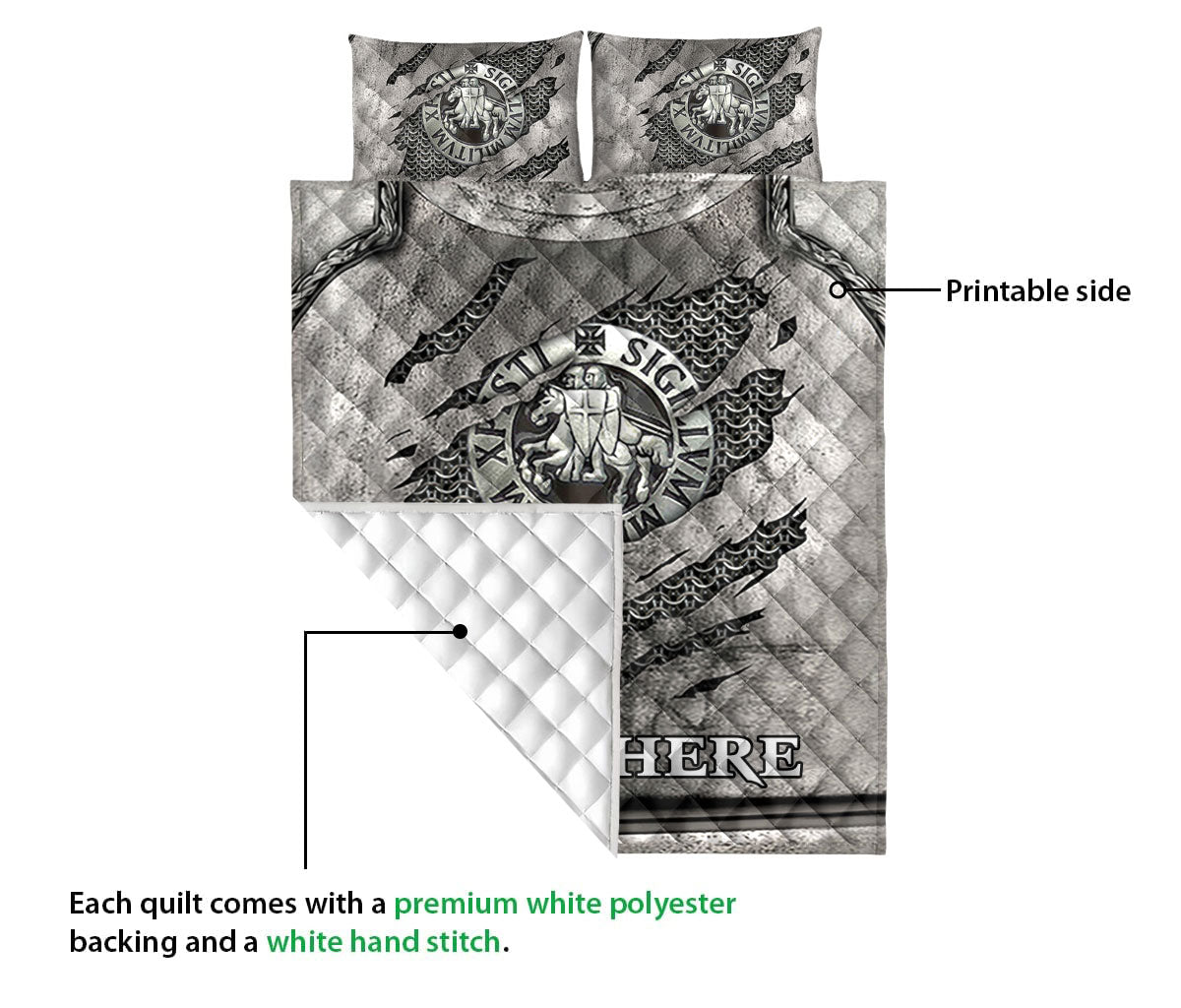 Ohaprints-Quilt-Bed-Set-Pillowcase-Knights-Templar-Armor-Shield-Grey-Crack-Pattern-Custom-Personalized-Name-Blanket-Bedspread-Bedding-2319-Queen (80'' x 90'')