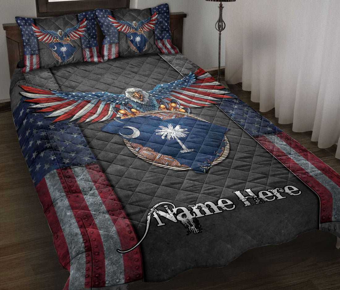 Ohaprints-Quilt-Bed-Set-Pillowcase-Eagle-South-Carolina-State-Map-Flag-American-Us-Flag-Custom-Personalized-Name-Blanket-Bedspread-Bedding-2913-Throw (55'' x 60'')