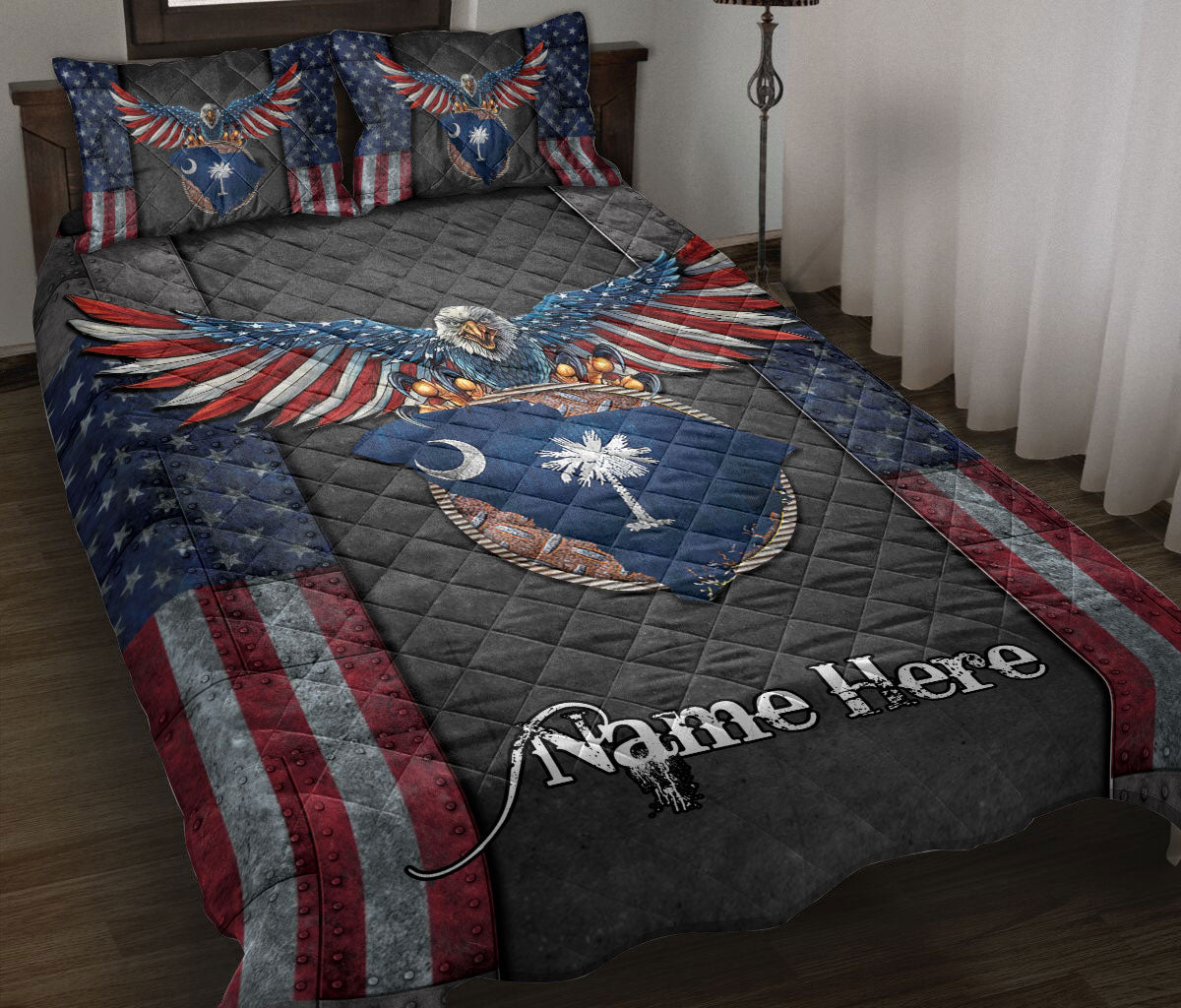 Ohaprints-Quilt-Bed-Set-Pillowcase-Eagle-South-Carolina-State-Map-Flag-American-Us-Flag-Custom-Personalized-Name-Blanket-Bedspread-Bedding-2913-Throw (55'' x 60'')