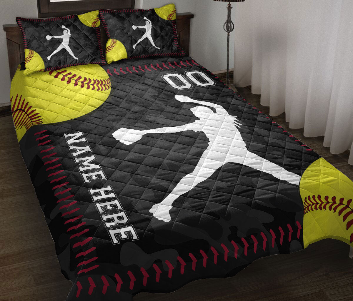 Ohaprints-Quilt-Bed-Set-Pillowcase-Softball-Pitcher-Yellow-Ball-Sport-Lover-Gift-Custom-Personalized-Name-Number-Blanket-Bedspread-Bedding-2914-Throw (55'' x 60'')