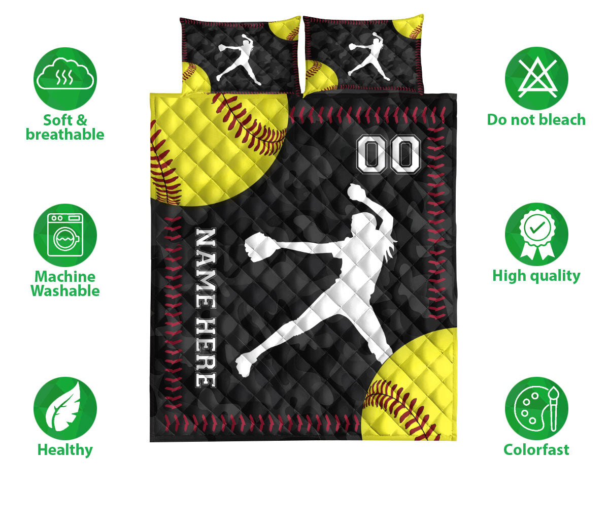 Ohaprints-Quilt-Bed-Set-Pillowcase-Softball-Pitcher-Yellow-Ball-Sport-Lover-Gift-Custom-Personalized-Name-Number-Blanket-Bedspread-Bedding-2914-Double (70'' x 80'')