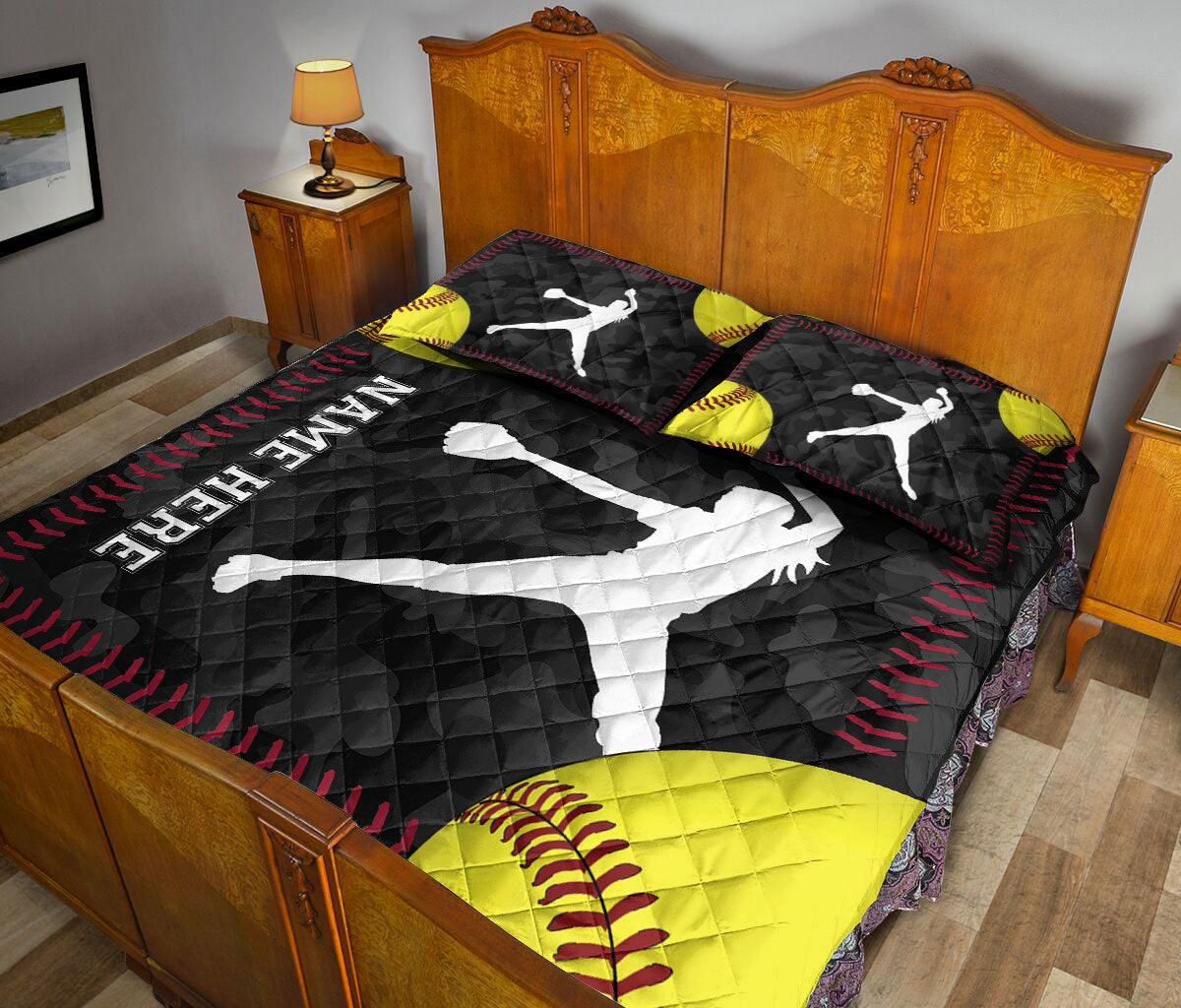 Ohaprints-Quilt-Bed-Set-Pillowcase-Softball-Pitcher-Yellow-Ball-Sport-Lover-Gift-Custom-Personalized-Name-Number-Blanket-Bedspread-Bedding-2914-King (90'' x 100'')