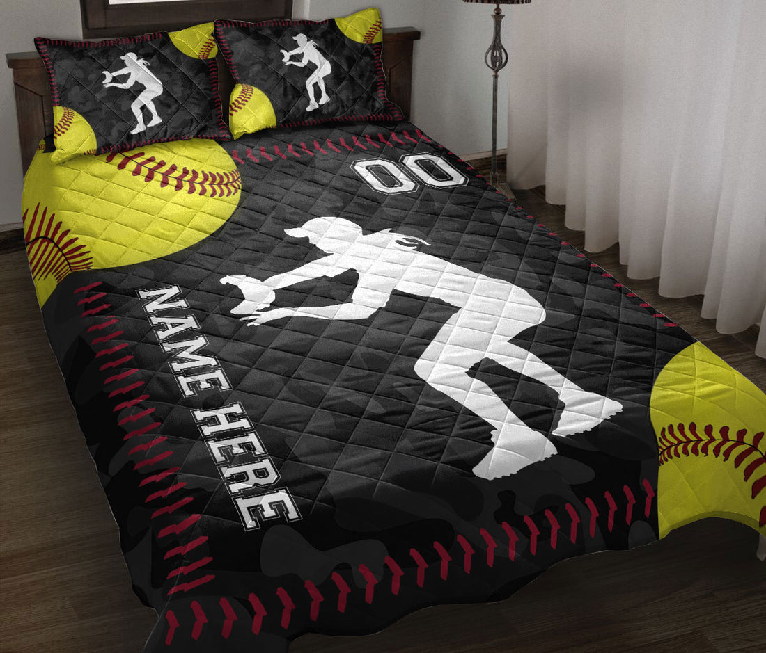 Ohaprints-Quilt-Bed-Set-Pillowcase-Softball-Catcher-Yellow-Ball-Sport-Lover-Gift-Custom-Personalized-Name-Number-Blanket-Bedspread-Bedding-563-Throw (55'' x 60'')