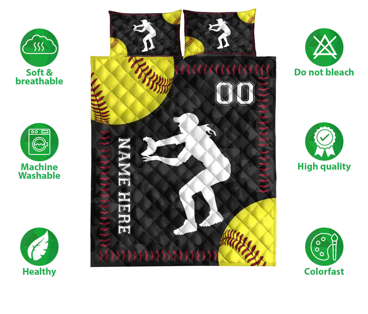 Ohaprints-Quilt-Bed-Set-Pillowcase-Softball-Catcher-Yellow-Ball-Sport-Lover-Gift-Custom-Personalized-Name-Number-Blanket-Bedspread-Bedding-563-Double (70'' x 80'')