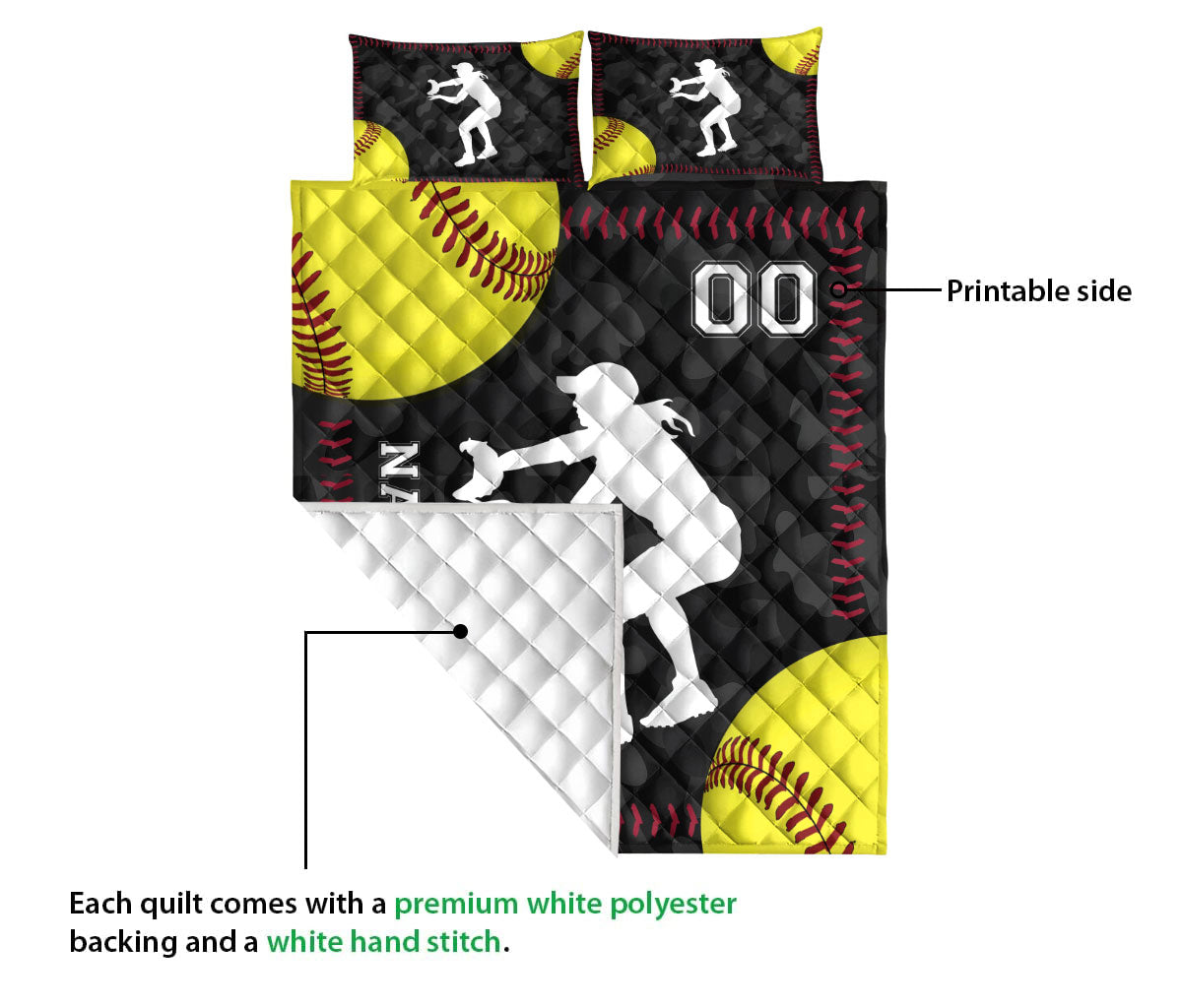 Ohaprints-Quilt-Bed-Set-Pillowcase-Softball-Catcher-Yellow-Ball-Sport-Lover-Gift-Custom-Personalized-Name-Number-Blanket-Bedspread-Bedding-563-Queen (80'' x 90'')