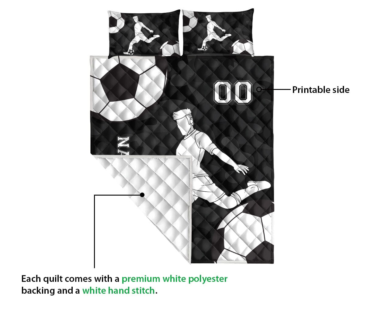 Ohaprints-Quilt-Bed-Set-Pillowcase-Soccer-Player-Ball-Sport-Lover-Gift-Black-Custom-Personalized-Name-Number-Blanket-Bedspread-Bedding-1150-Queen (80'' x 90'')
