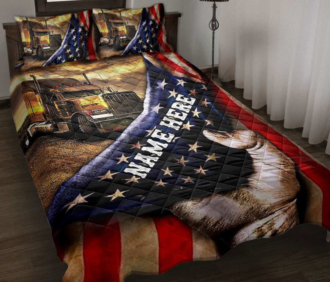 Ohaprints-Quilt-Bed-Set-Pillowcase-Brown-Truck-American-Us-Flag-Gift-For-Trucker-Custom-Personalized-Name-Blanket-Bedspread-Bedding-2322-Throw (55'' x 60'')