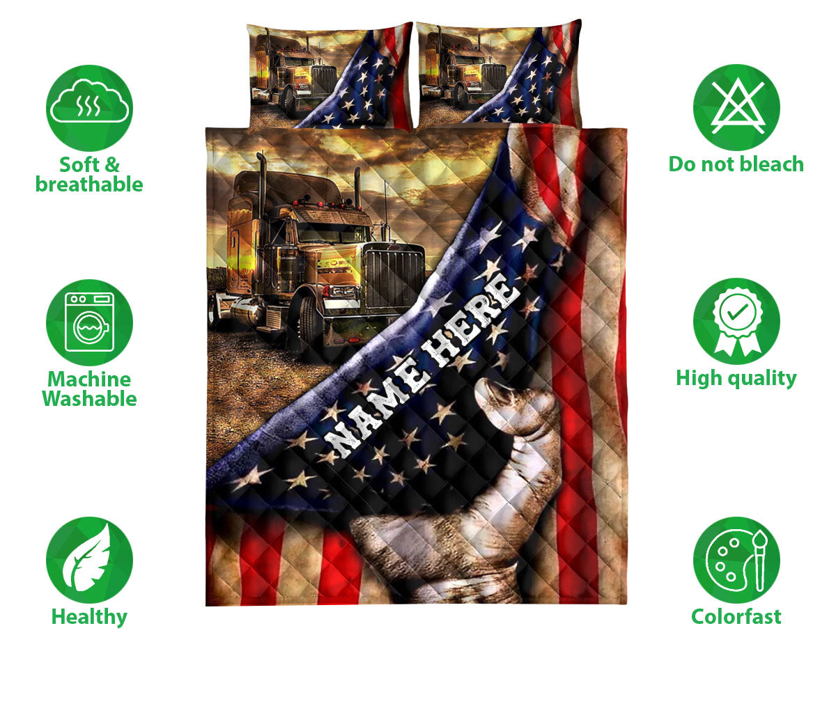 Ohaprints-Quilt-Bed-Set-Pillowcase-Brown-Truck-American-Us-Flag-Gift-For-Trucker-Custom-Personalized-Name-Blanket-Bedspread-Bedding-2322-Double (70'' x 80'')