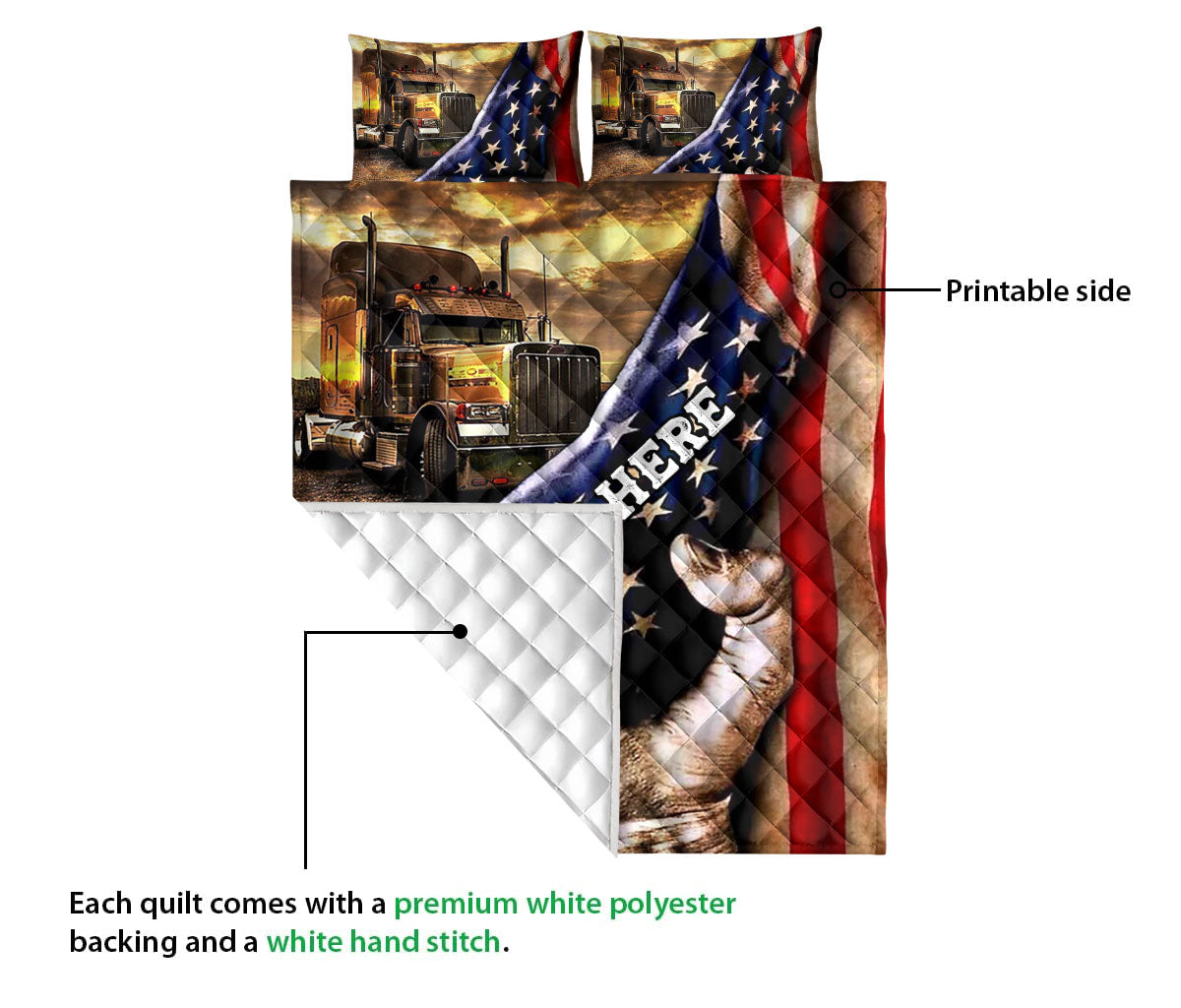 Ohaprints-Quilt-Bed-Set-Pillowcase-Brown-Truck-American-Us-Flag-Gift-For-Trucker-Custom-Personalized-Name-Blanket-Bedspread-Bedding-2322-Queen (80'' x 90'')