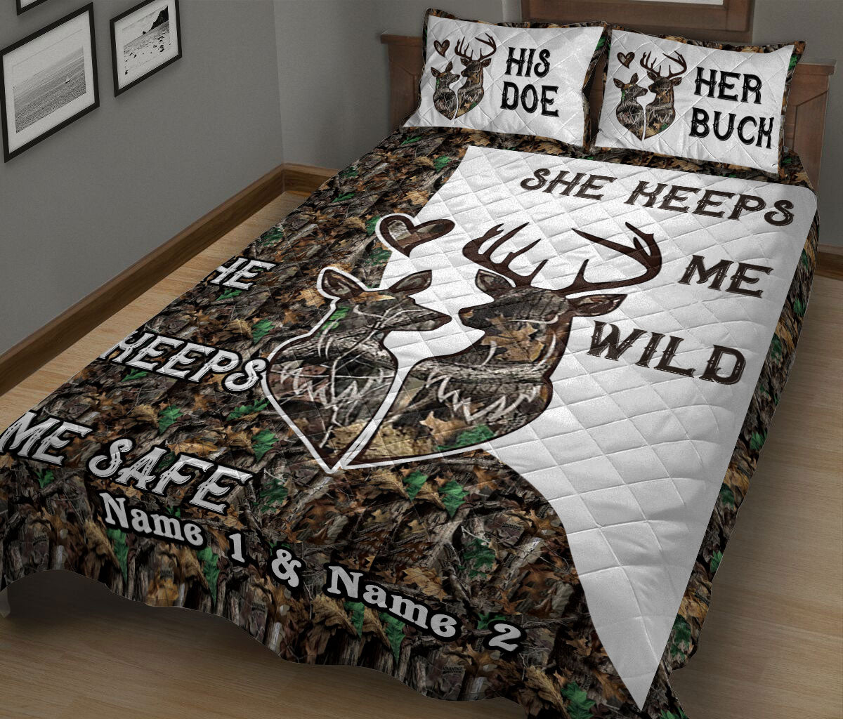 Ohaprints-Quilt-Bed-Set-Pillowcase-Deer-Couple-Camo-He-Keeps-Me-Safe-She-Keeps-Me-Wild-Custom-Personalized-Name-Blanket-Bedspread-Bedding-100-King (90'' x 100'')