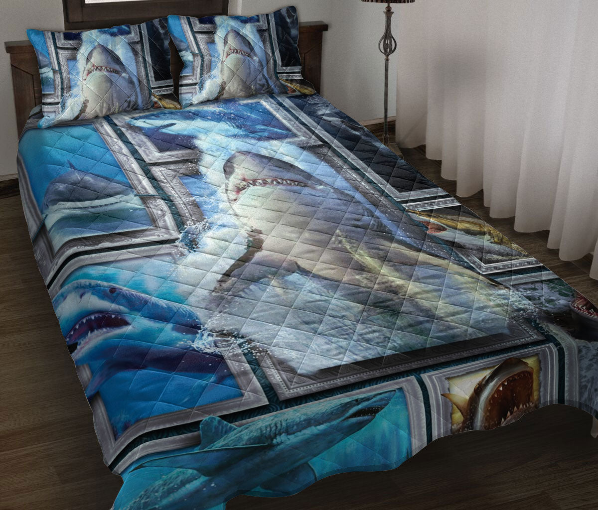 Ohaprints-Quilt-Bed-Set-Pillowcase-Shark-Frame-Patchwork-Floral-Pattern-Unique-Gift-For-Ocean-Animal-Lover-Blanket-Bedspread-Bedding-1408-Throw (55'' x 60'')