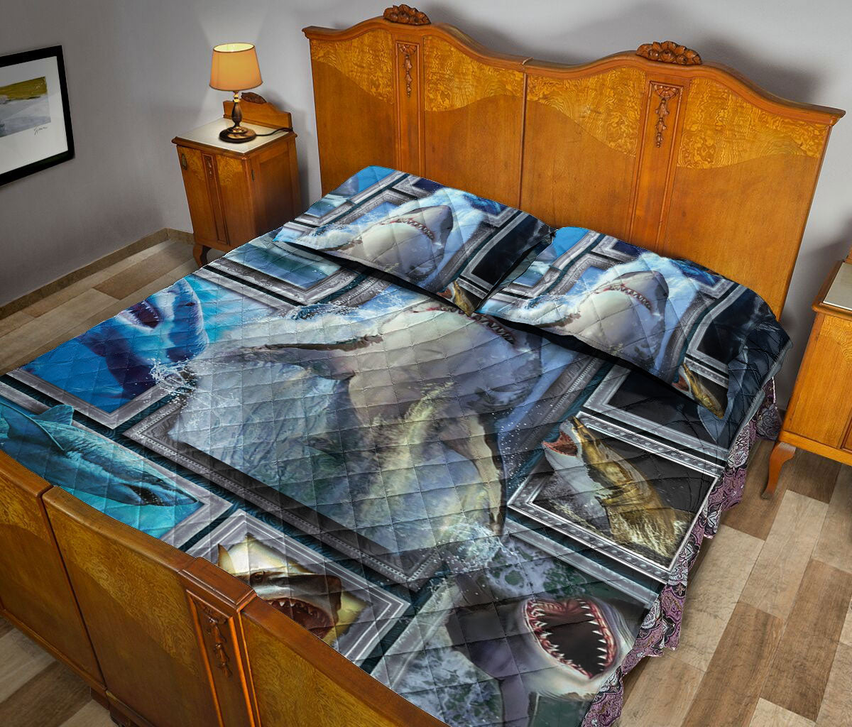 Ohaprints-Quilt-Bed-Set-Pillowcase-Shark-Frame-Patchwork-Floral-Pattern-Unique-Gift-For-Ocean-Animal-Lover-Blanket-Bedspread-Bedding-1408-Queen (80'' x 90'')