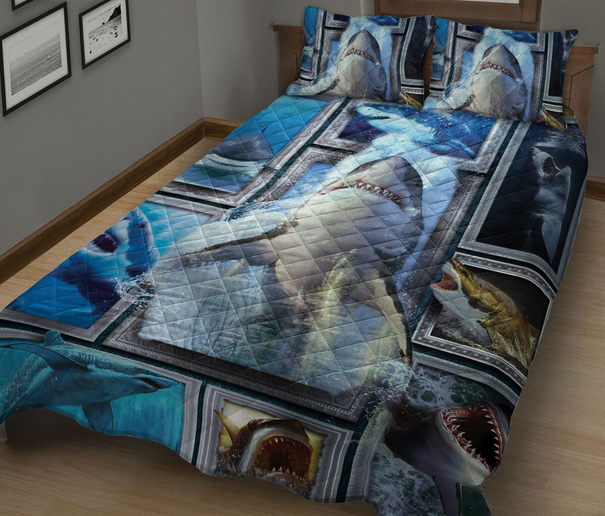 Ohaprints-Quilt-Bed-Set-Pillowcase-Shark-Frame-Patchwork-Floral-Pattern-Unique-Gift-For-Ocean-Animal-Lover-Blanket-Bedspread-Bedding-1408-King (90'' x 100'')