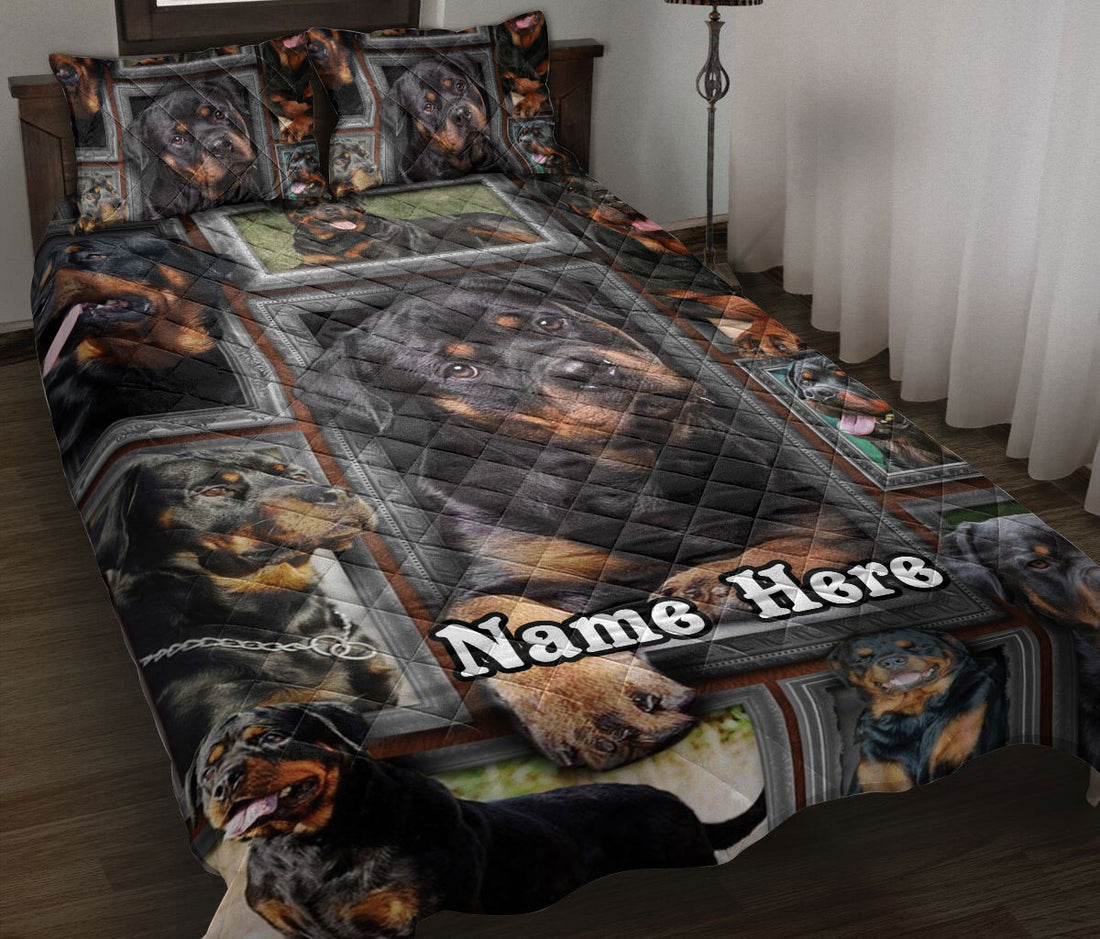 Ohaprints-Quilt-Bed-Set-Pillowcase-Rottweiler-Dog-Lover-Frame-Patchwork-Floral-Pattern-Custom-Personalized-Name-Blanket-Bedspread-Bedding-238-Throw (55'' x 60'')