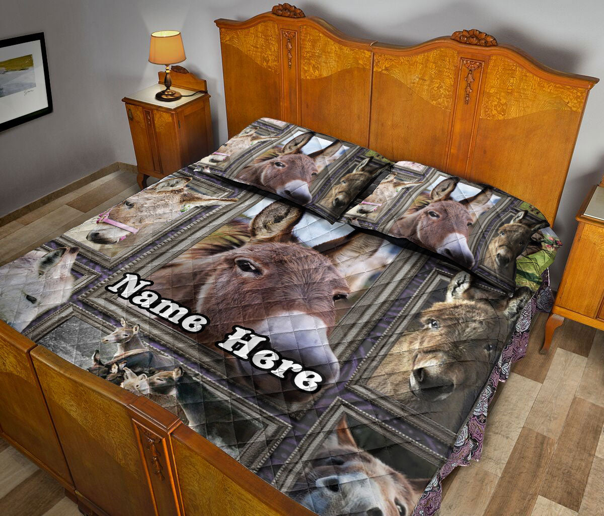 Ohaprints-Quilt-Bed-Set-Pillowcase-Donkey-Farm-Animal-Lover-Frame-Patchwork-Floral-Custom-Personalized-Name-Blanket-Bedspread-Bedding-1409-Queen (80'' x 90'')