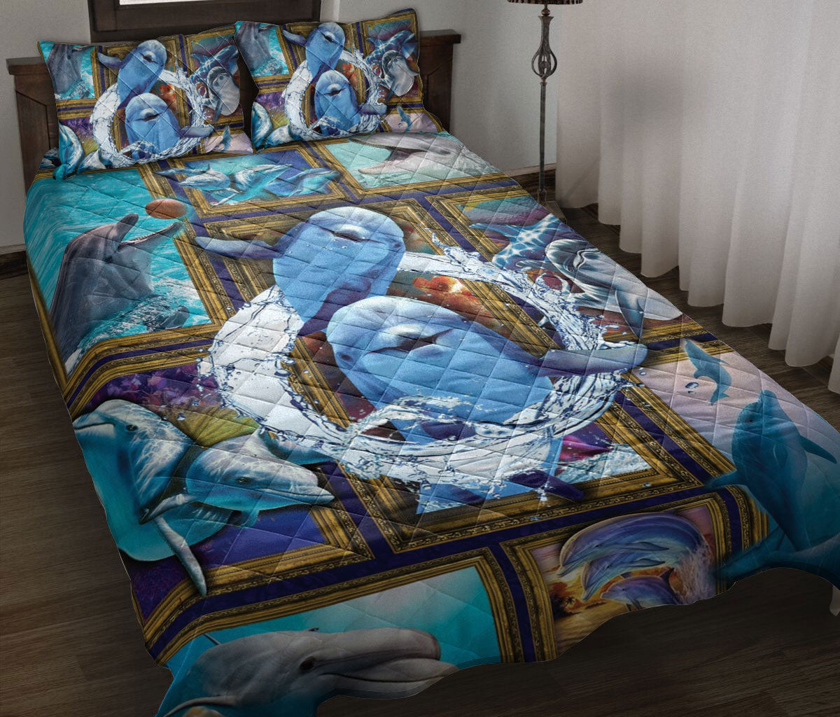 Ohaprints-Quilt-Bed-Set-Pillowcase-Cute-Dolphin-Frame-Patchwork-Floral-Pattern-Unique-Gift-For-Ocean-Animal-Lover-Blanket-Bedspread-Bedding-2589-Throw (55'' x 60'')