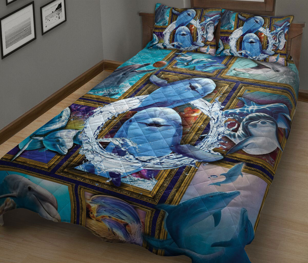 Ohaprints-Quilt-Bed-Set-Pillowcase-Cute-Dolphin-Frame-Patchwork-Floral-Pattern-Unique-Gift-For-Ocean-Animal-Lover-Blanket-Bedspread-Bedding-2589-King (90'' x 100'')