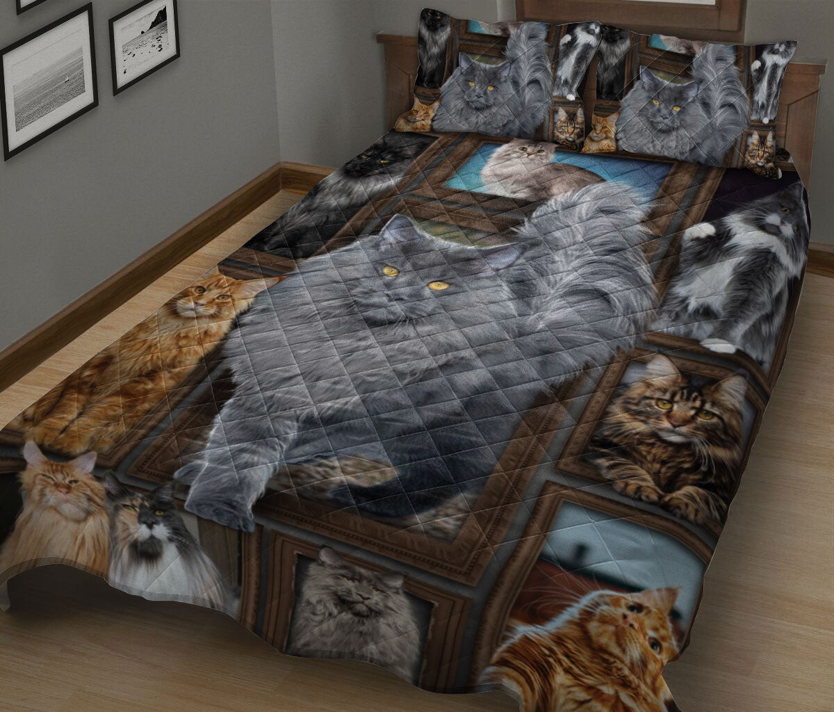 Ohaprints-Quilt-Bed-Set-Pillowcase-Maine-Coon-Cat-Kitten-Frame-Patchwork-Floral-Pattern-Gift-For-Cats-Lover-Blanket-Bedspread-Bedding-1318-King (90'' x 100'')