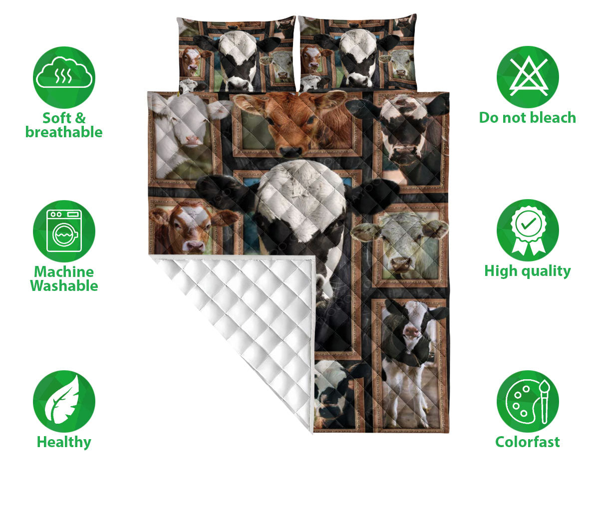 Ohaprints-Quilt-Bed-Set-Pillowcase-Cute-Cows-Cattle-Frame-Patchwork-Floral-Pattern-Gift-For-Farm-Animal-Lover-Blanket-Bedspread-Bedding-1410-Double (70'' x 80'')