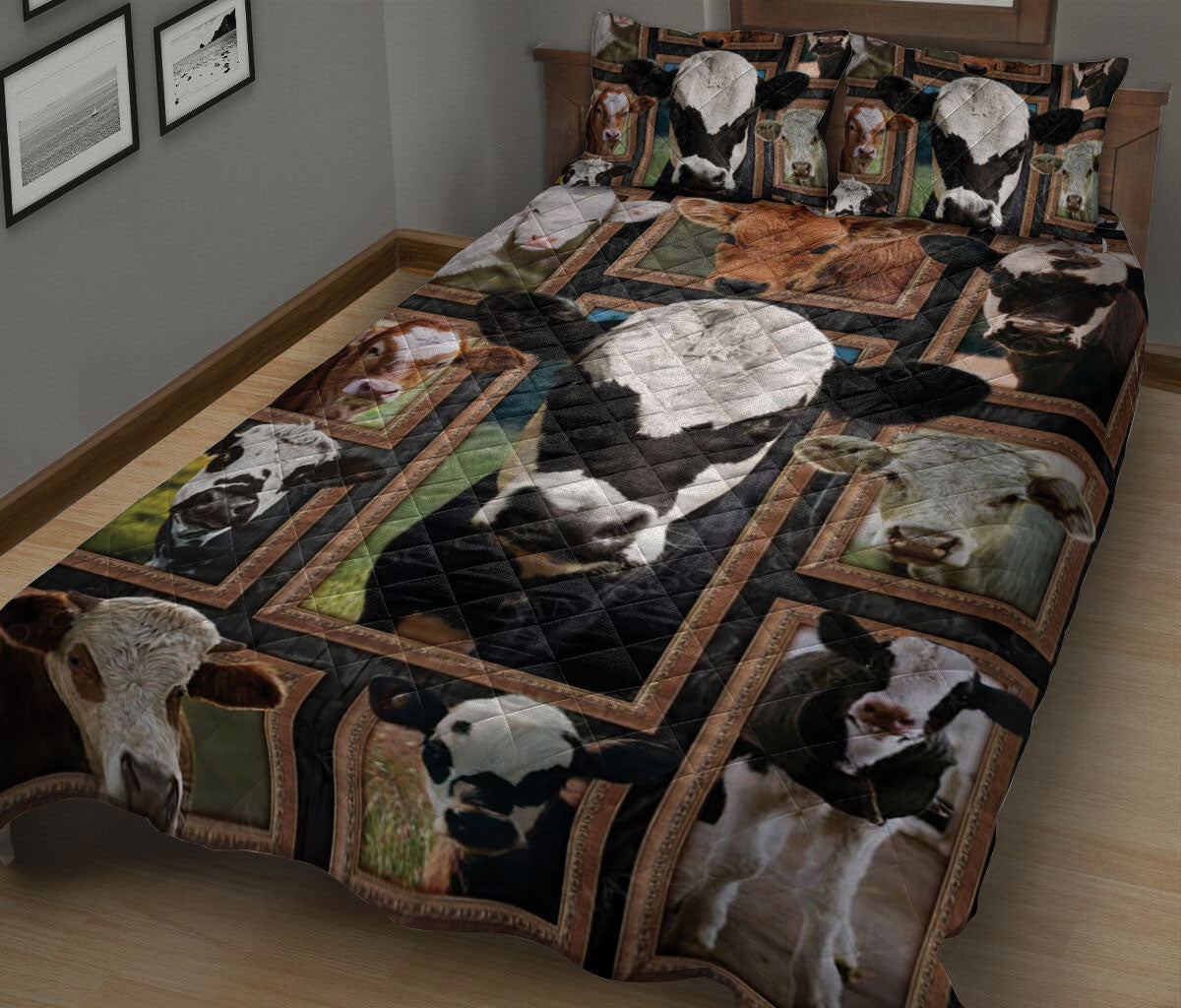 Ohaprints-Quilt-Bed-Set-Pillowcase-Cute-Cows-Cattle-Frame-Patchwork-Floral-Pattern-Gift-For-Farm-Animal-Lover-Blanket-Bedspread-Bedding-1410-King (90'' x 100'')