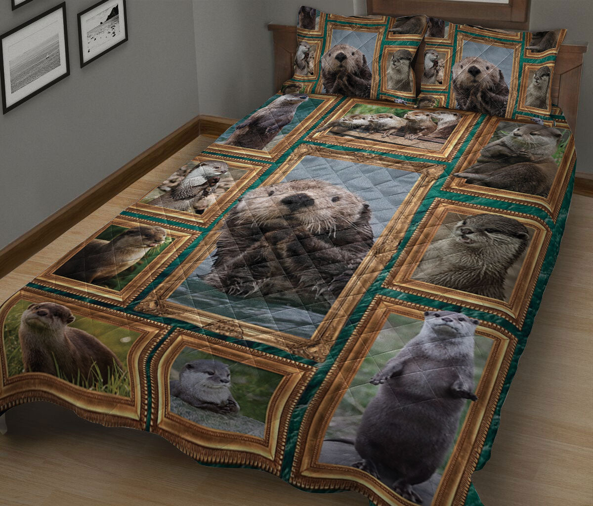 Ohaprints-Quilt-Bed-Set-Pillowcase-Cute-Otters-Frame-Patchwork-Floral-Pattern-Unique-Gift-For-Animal-Lover-Blanket-Bedspread-Bedding-1997-King (90'' x 100'')