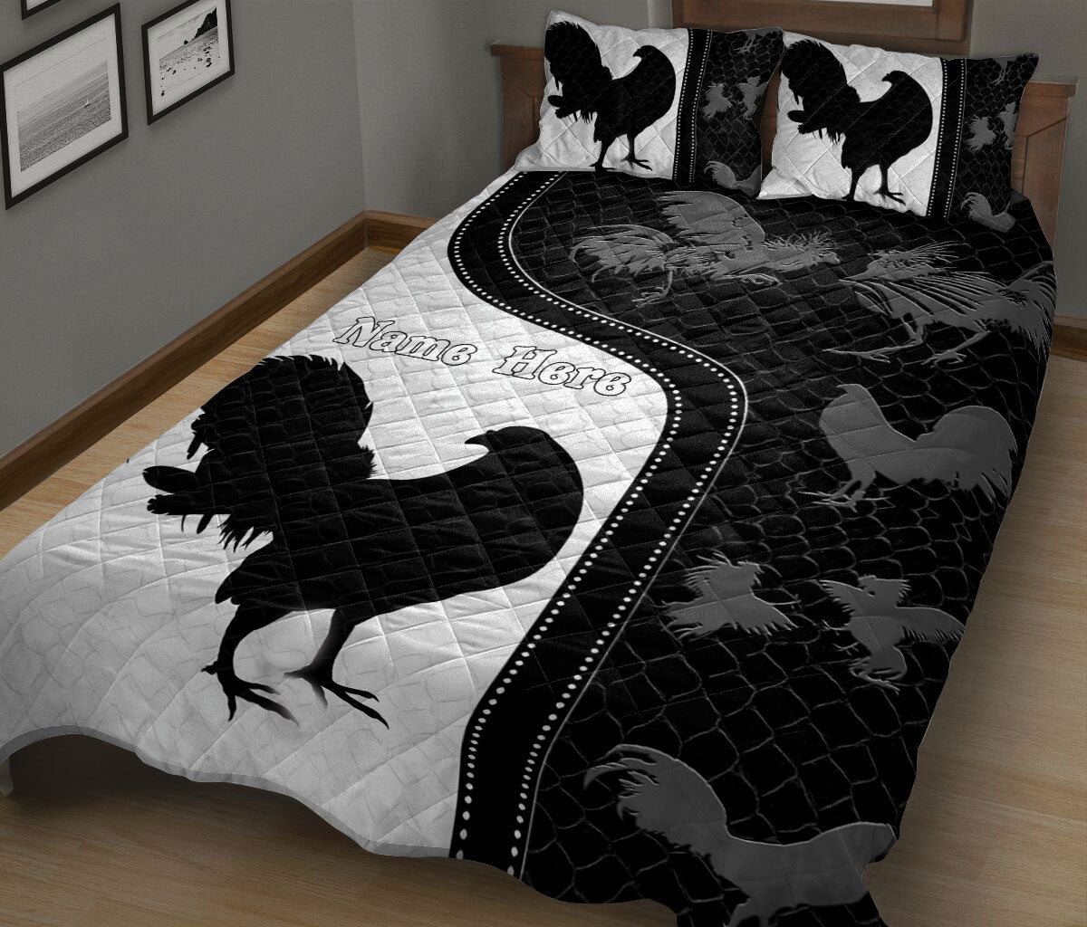 Ohaprints-Quilt-Bed-Set-Pillowcase-Chicken-Rooster-Farm-Animal-Black-&-White-Pattern-Custom-Personalized-Name-Blanket-Bedspread-Bedding-1912-King (90'' x 100'')