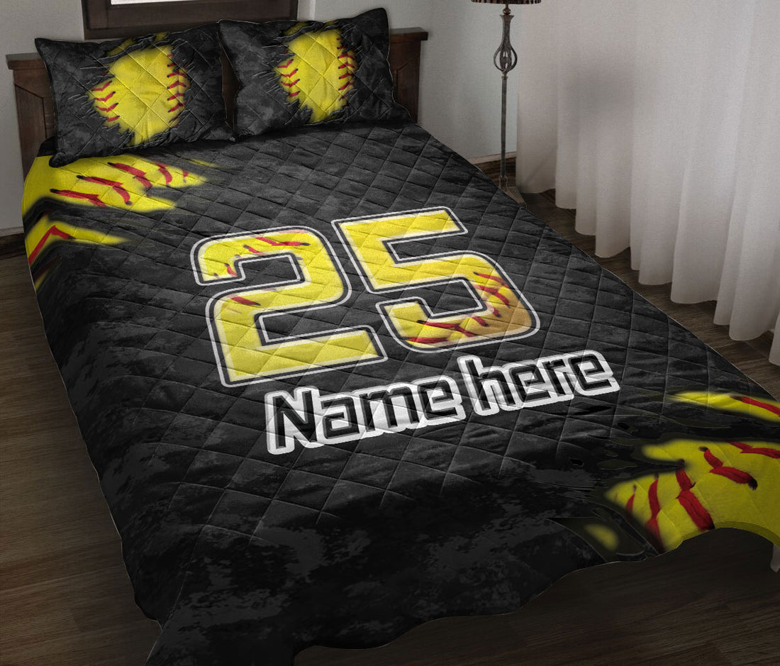 Ohaprints-Quilt-Bed-Set-Pillowcase-Softball-Sport-Yellow-Ball-Pattern-Black-Camo-Custom-Personalized-Name-Number-Blanket-Bedspread-Bedding-2678-Throw (55'' x 60'')