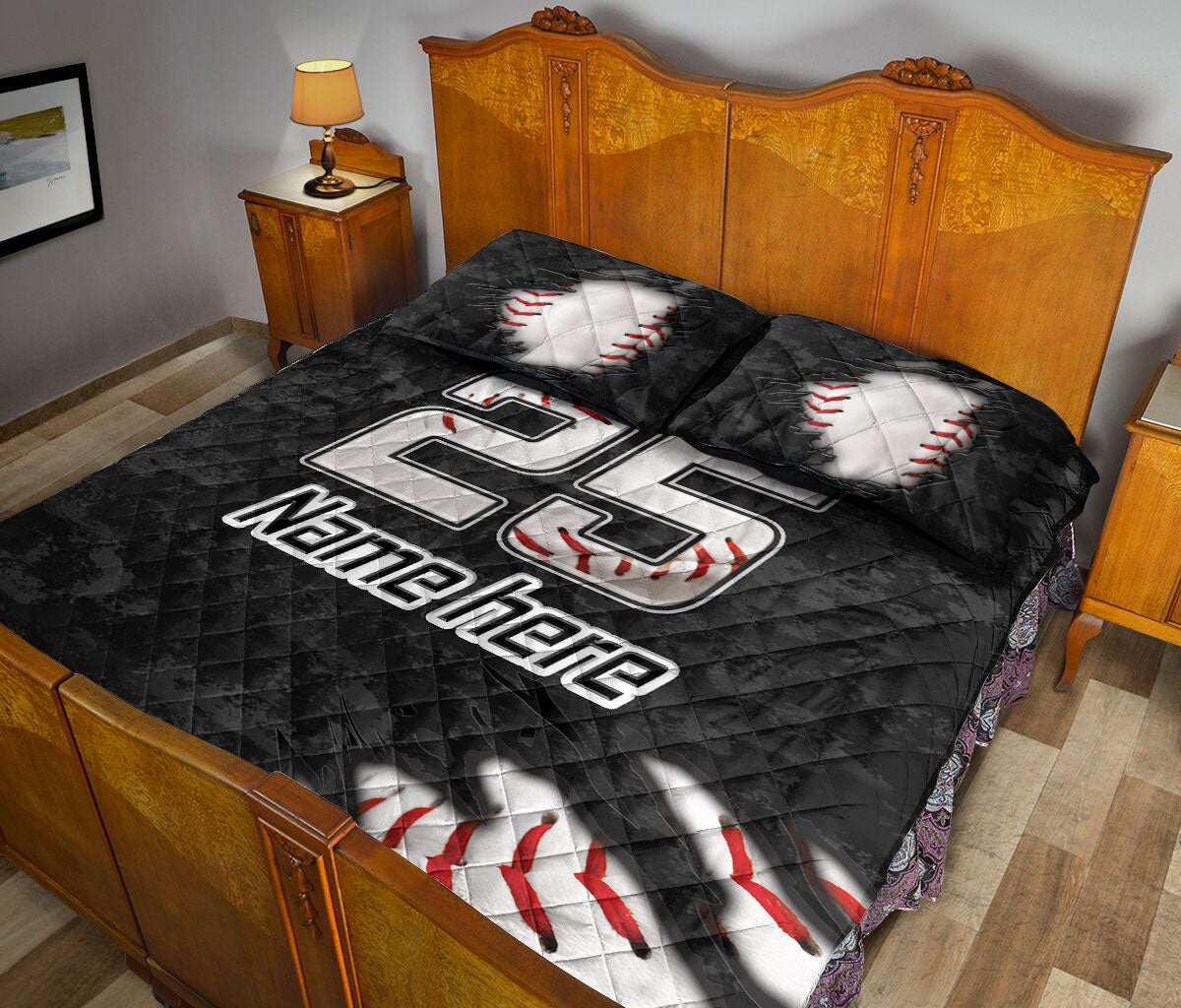 Ohaprints-Quilt-Bed-Set-Pillowcase-Baseball-Sport-White-Ball-Pattern-Black-Camo-Custom-Personalized-Name-Number-Blanket-Bedspread-Bedding-327-Queen (80'' x 90'')