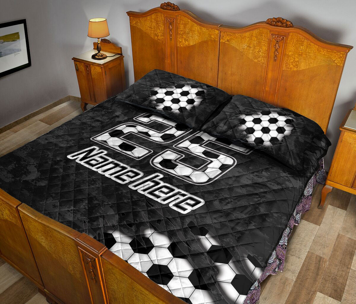 Ohaprints-Quilt-Bed-Set-Pillowcase-Soccer-Sport-B&W-Ball-Pattern-Black-Camo-Custom-Personalized-Name-Number-Blanket-Bedspread-Bedding-919-Queen (80'' x 90'')